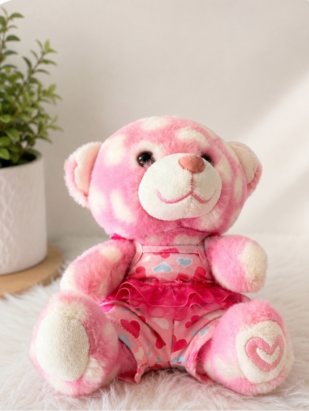 Build-A-Bear Pink and Cream Heart Pattern Plush Bear with Ruffle Outfit